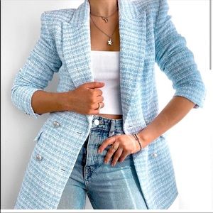 NWT ZARA Blue/White Plaid Tweed Fitted Blazer